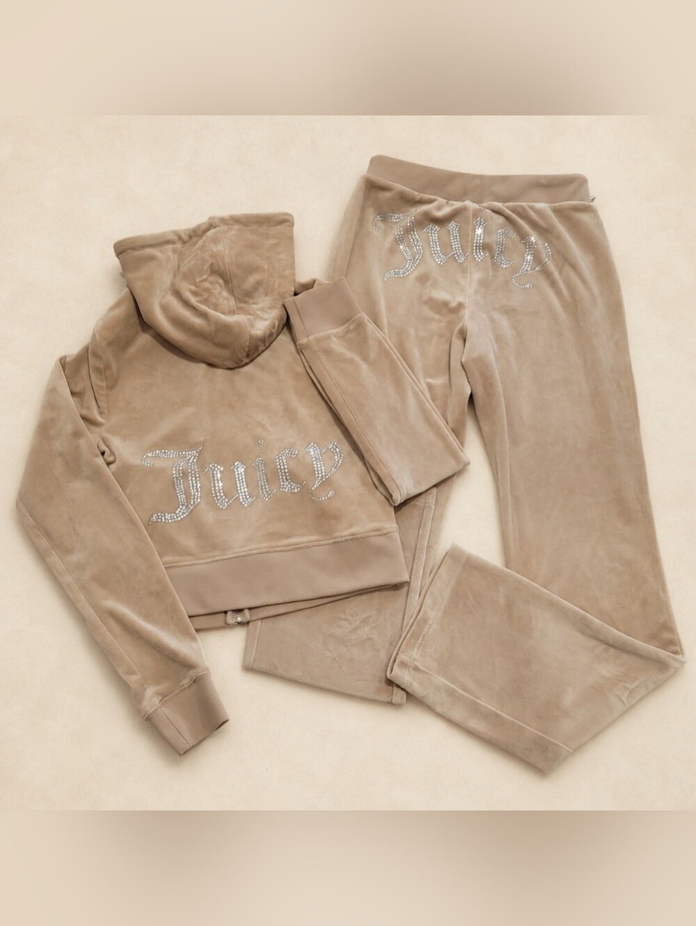 NWOT Juicy Couture OG Bling Tan/Beige Luxe Velour Zip Up Hoodie & Pants Set - S